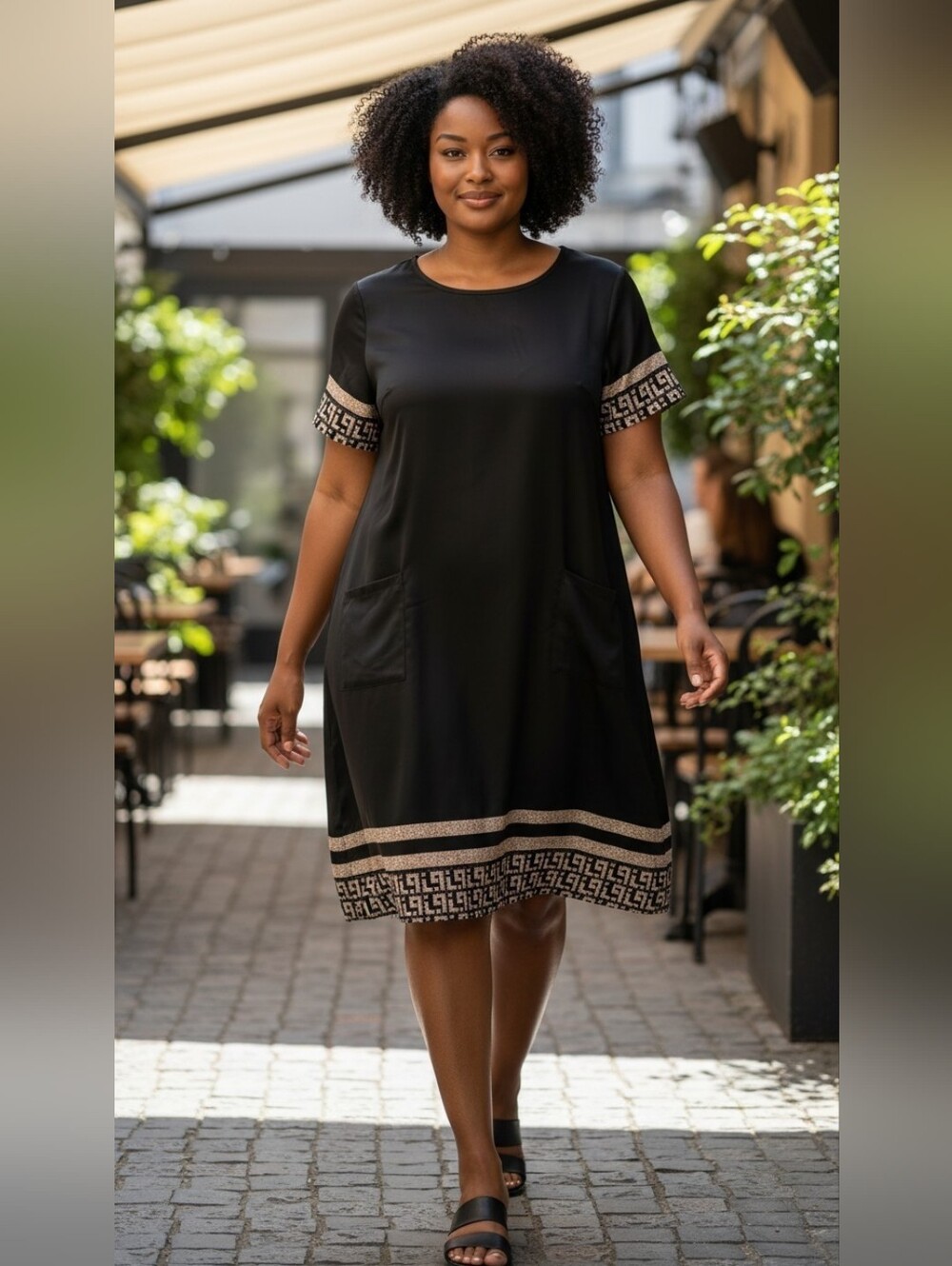 Black Midi Shift Dress with Geometric Accent Trim - Picture 4 of 5